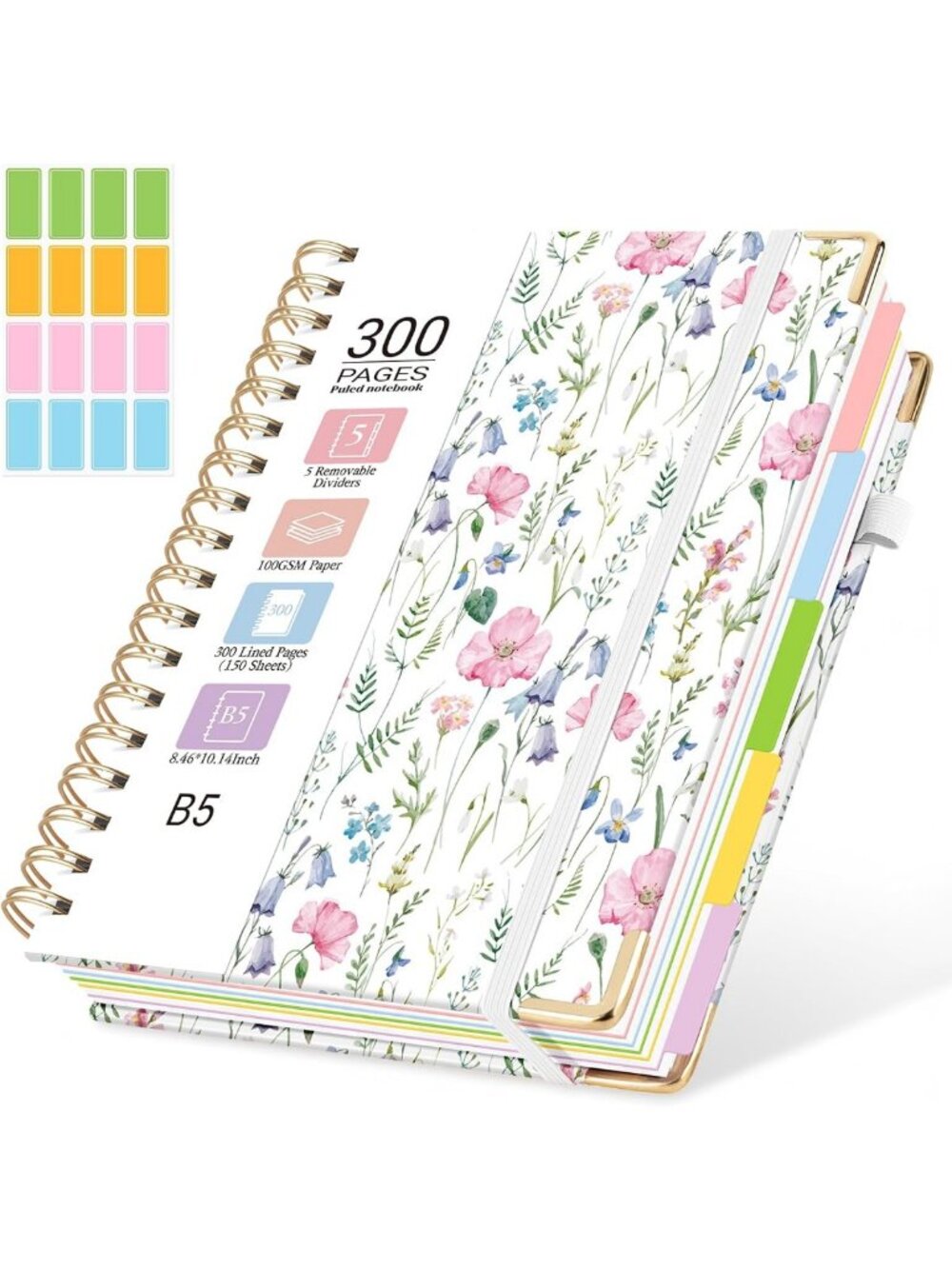 Hardcover Spiral Journal Notebook - 300 Pages, 5 Subjects, College Ruled, Floral